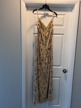 Mac Duggal Champagne Beaded Maxi Slip Dress